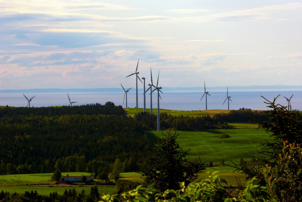 Le Nordais Wind farm overlooking harbour