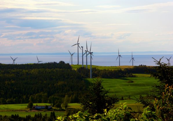Le Nordais Wind farm overlooking harbour